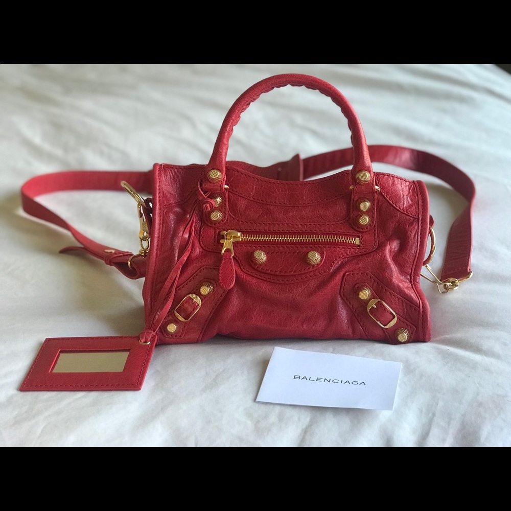 BALENCIAGA Leather Mini City Bag in Red Gold Studs